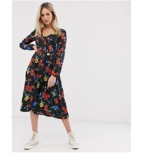 Brave Soul black floral midi long sleeve dress
